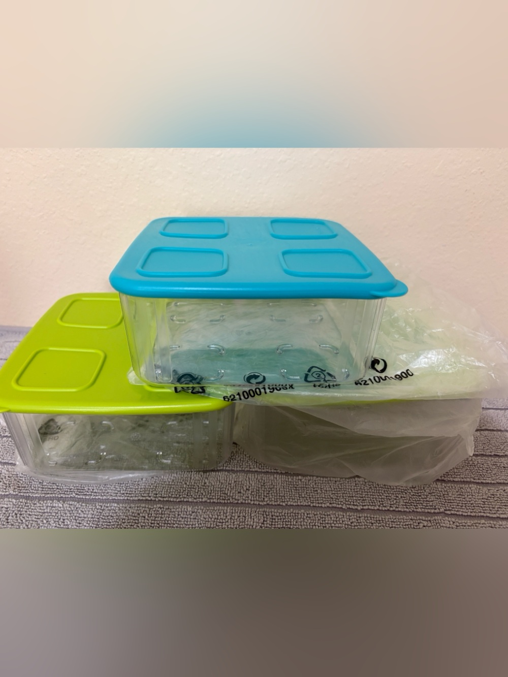 Set of 3 Tupper Plastic Food Storage Containers with Lime Green  and blue Lids